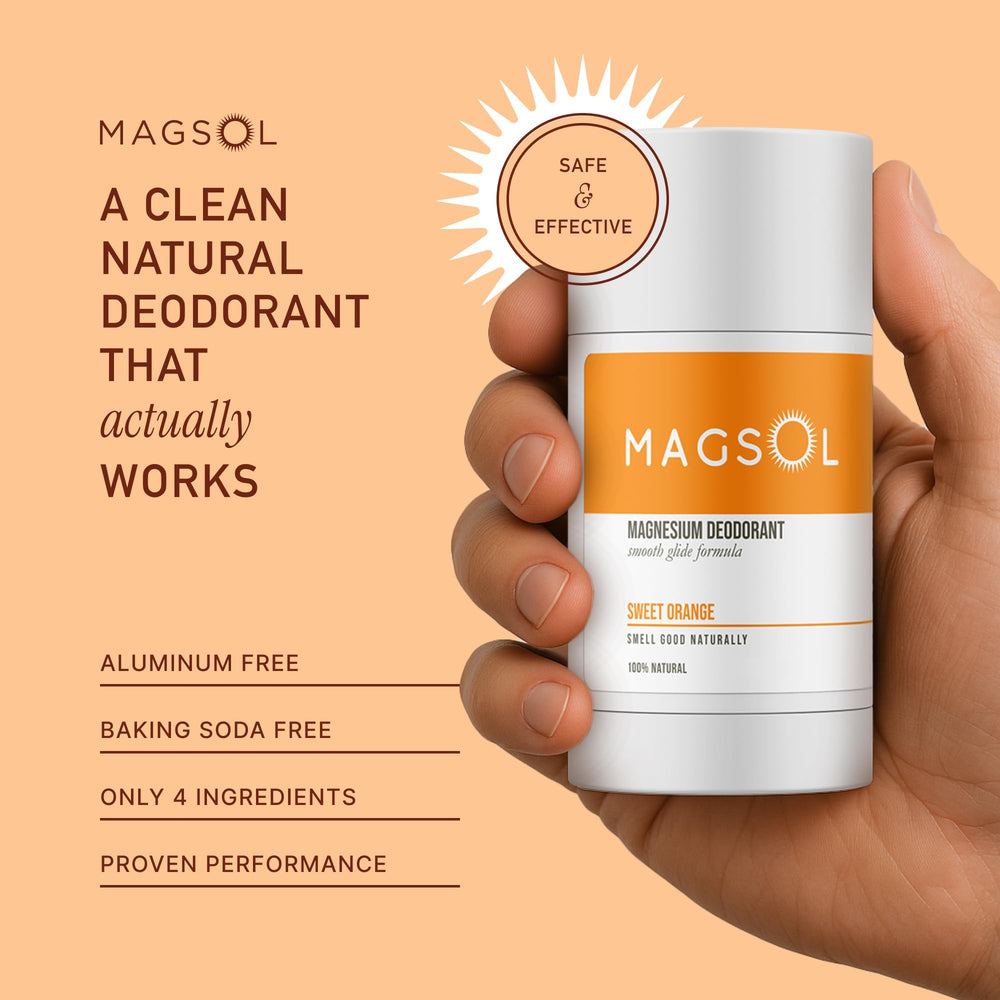 MagSol Organics deodorant application swipe highlighting smooth, long-lasting freshness without baking soda.