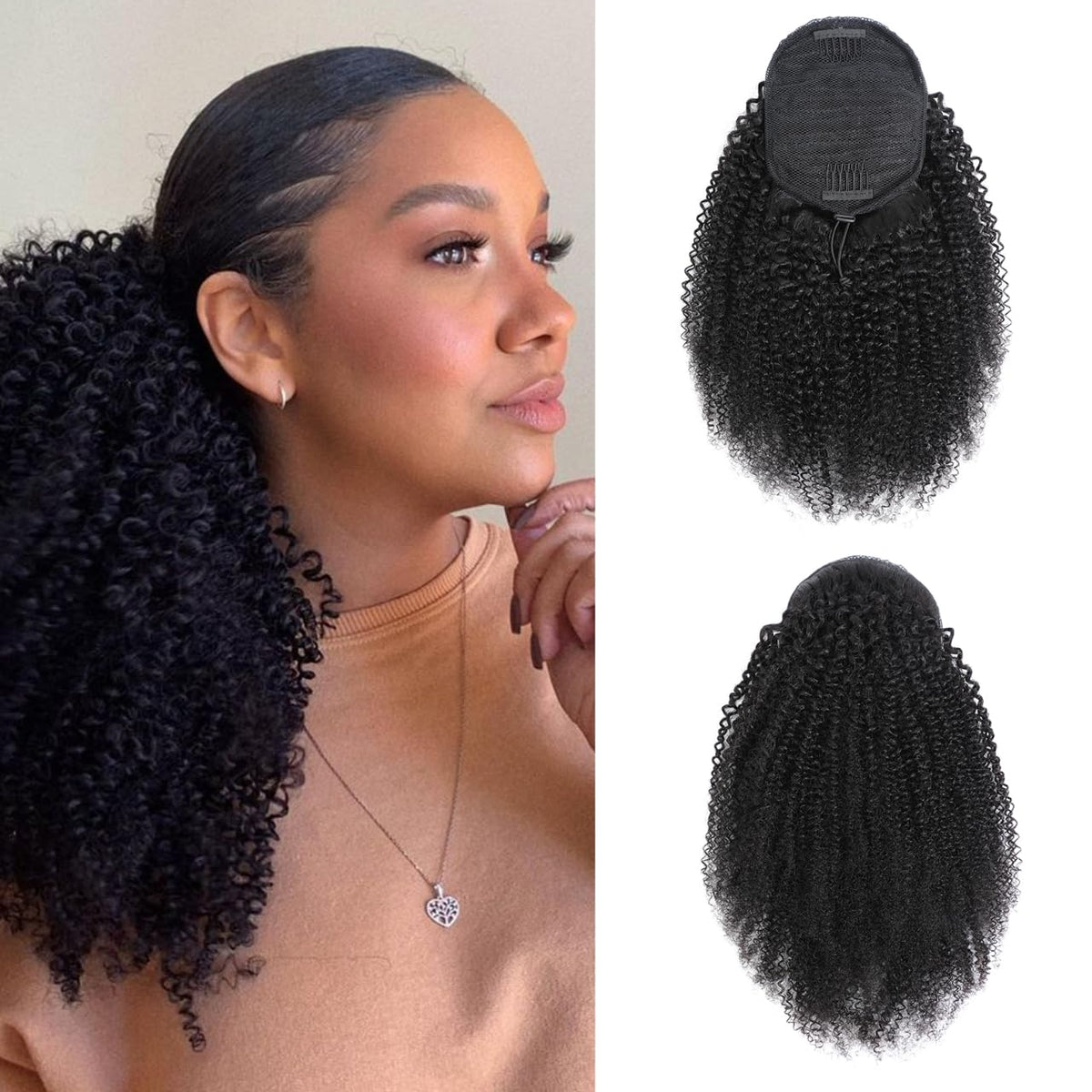 MAHKOTAKU Afro Kinky Curly Ponytail closeup highlights 150% density for natural volume.