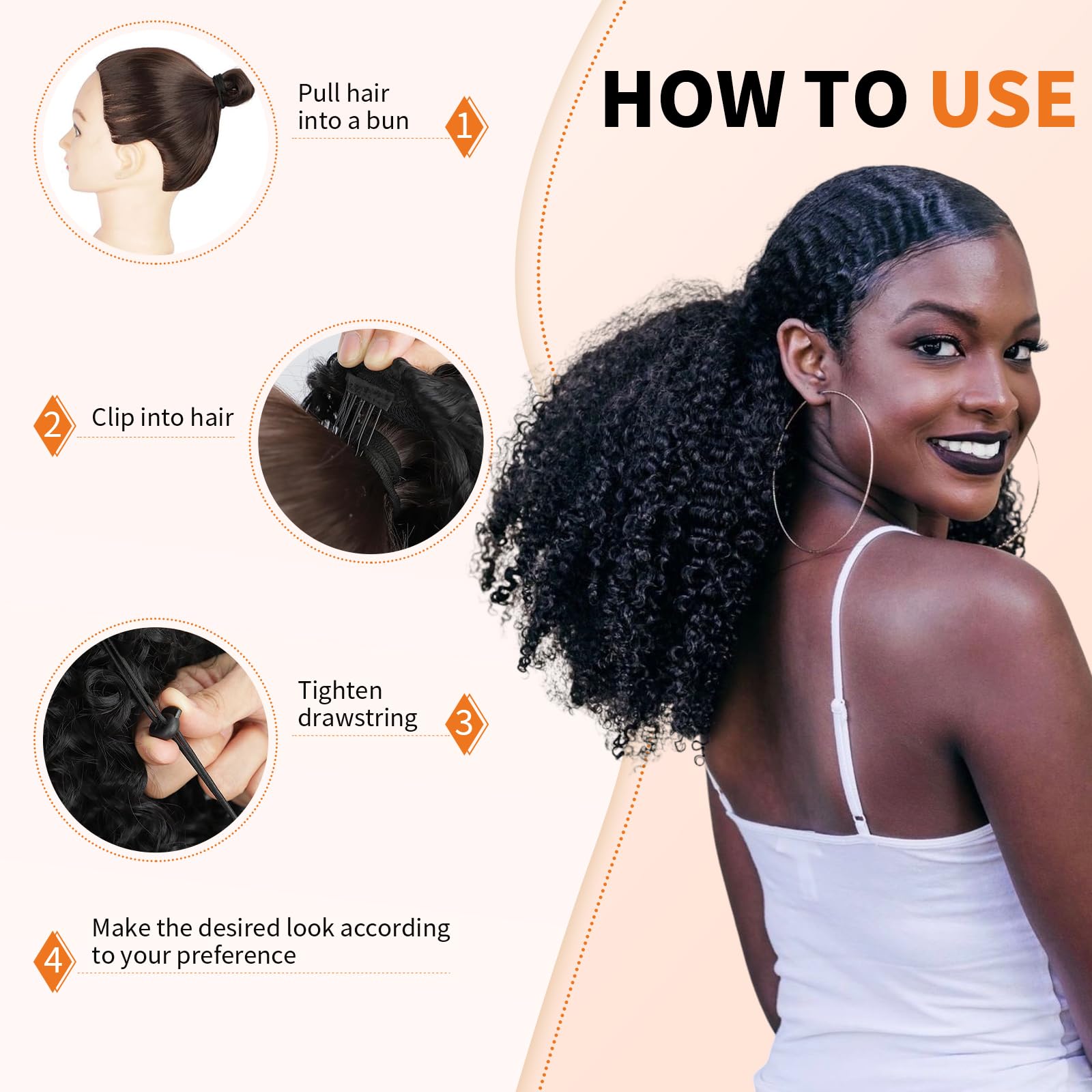 MAHKOTAKU Afro Kinky Curly Ponytail natural color example on model.