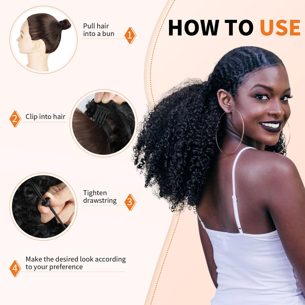 MAHKOTAKU Afro Kinky Curly Ponytail natural color example on model.