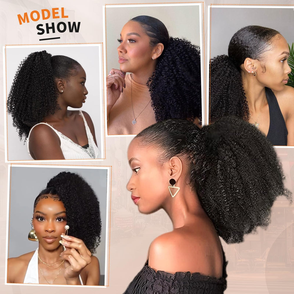 MAHKOTAKU Afro Kinky Curly Ponytail packaging and care cards.