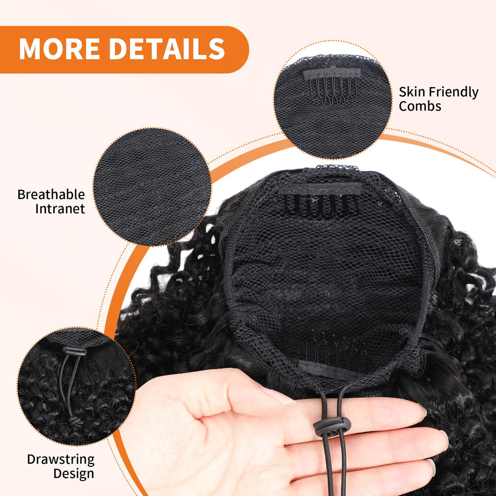 MAHKOTAKU Afro Kinky Curly Ponytail texture closeup shows bouncy curls and thick ends.