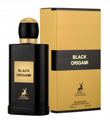 Maison Alhambra Black Origami bottle highlights the luxurious fragrance, ideal for evening events