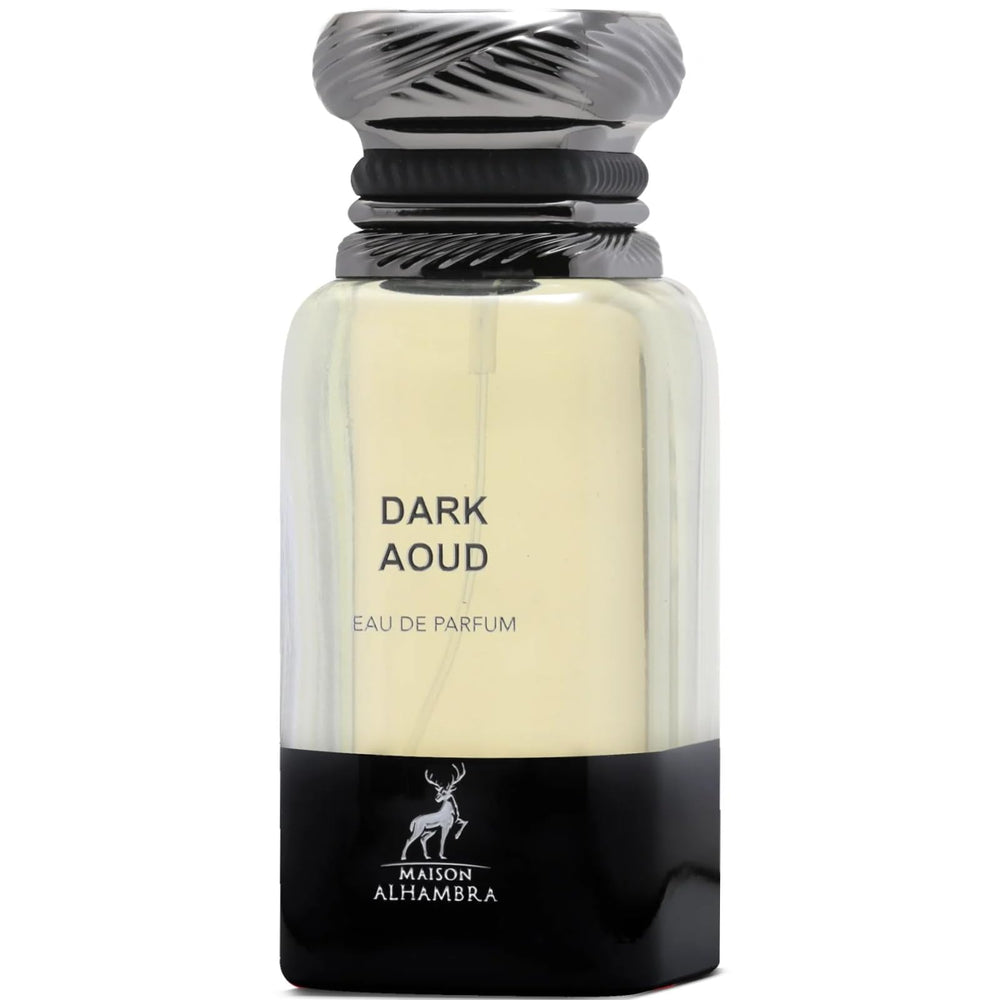 Maison Alhambra Dark Aoud bottle front shows bold luxury for evening wear