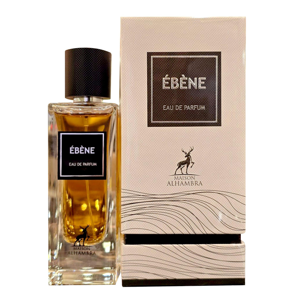 Maison Alhambra Ébène bottle image highlights warm base with vanilla, amber, musk for lasting warmth.