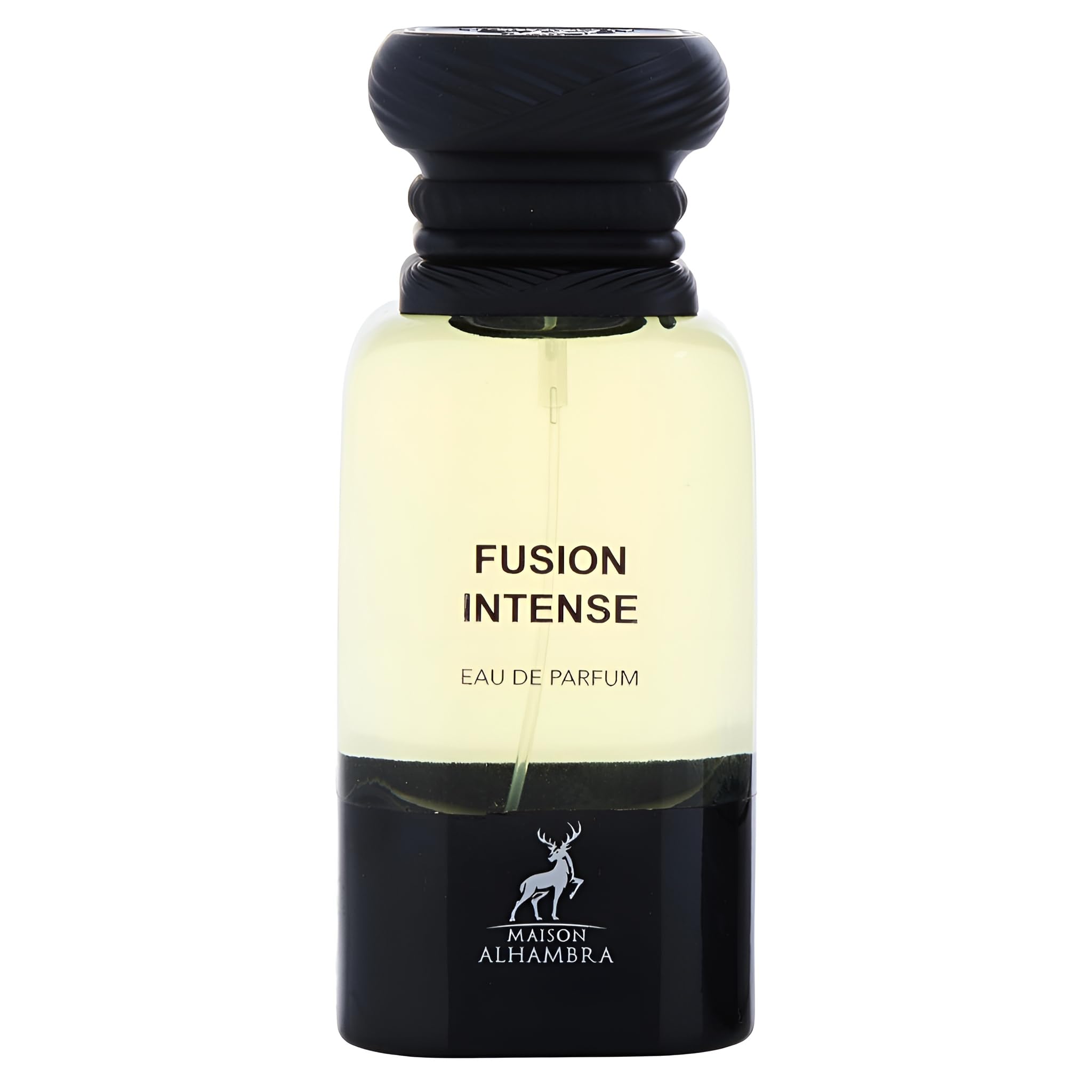 Maison Alhambra Fusion Intense bottle pouring reveals lasting aroma for daily wear.