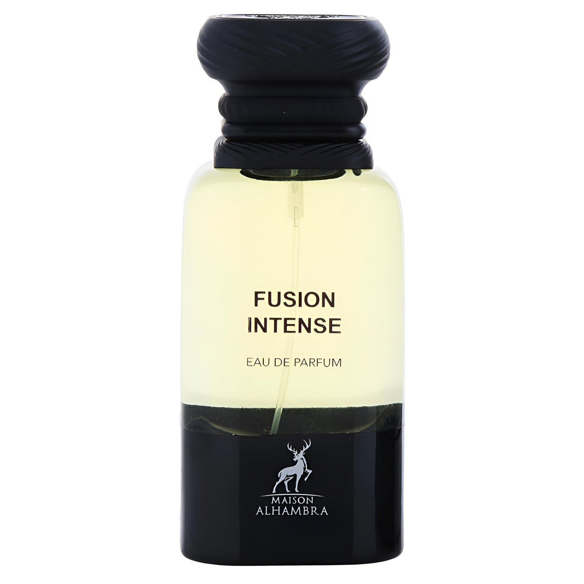 Maison Alhambra Fusion Intense bottle pouring reveals lasting aroma for daily wear.