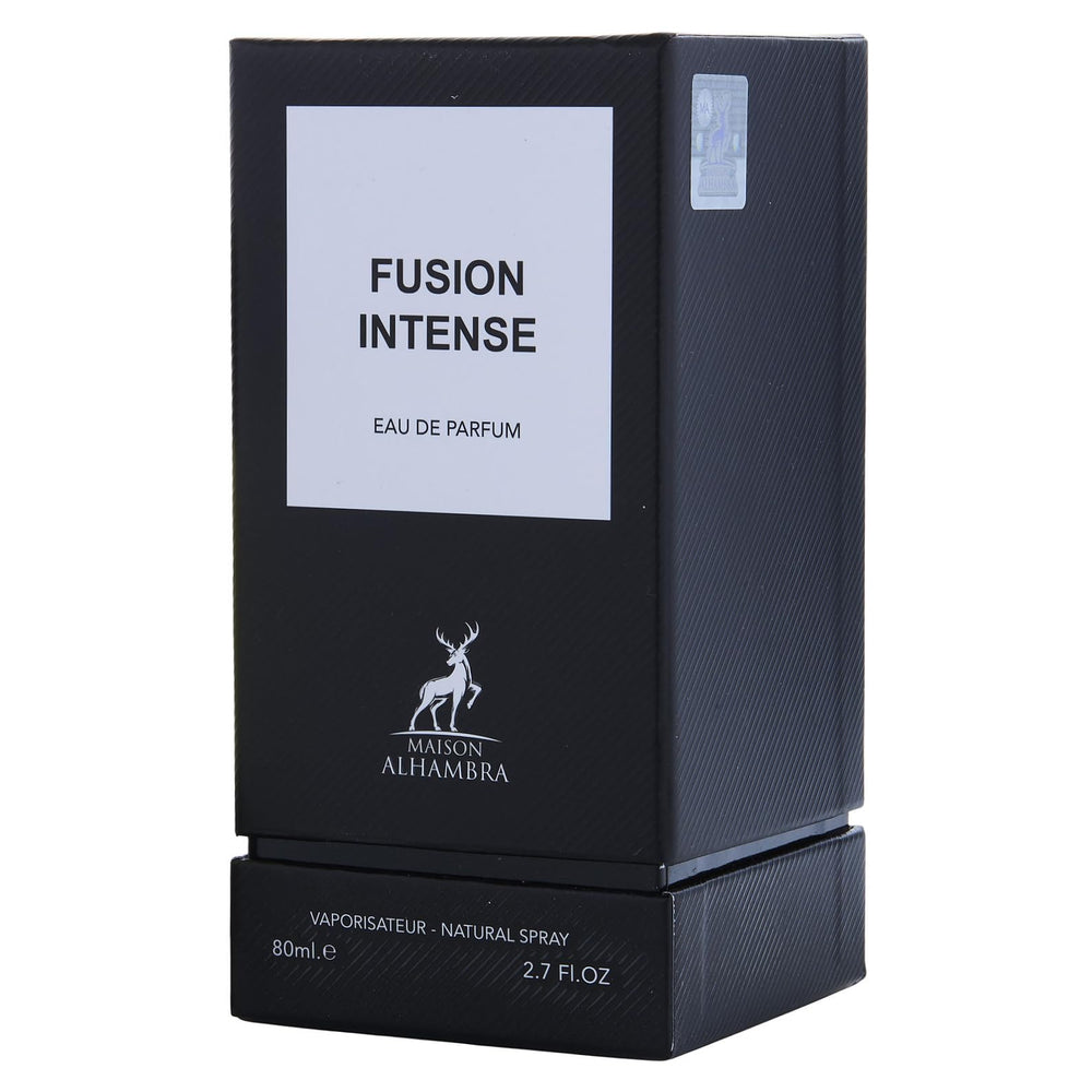 Maison Alhambra Fusion Intense box display emphasizes premium vegan fragrance and gifting appeal.