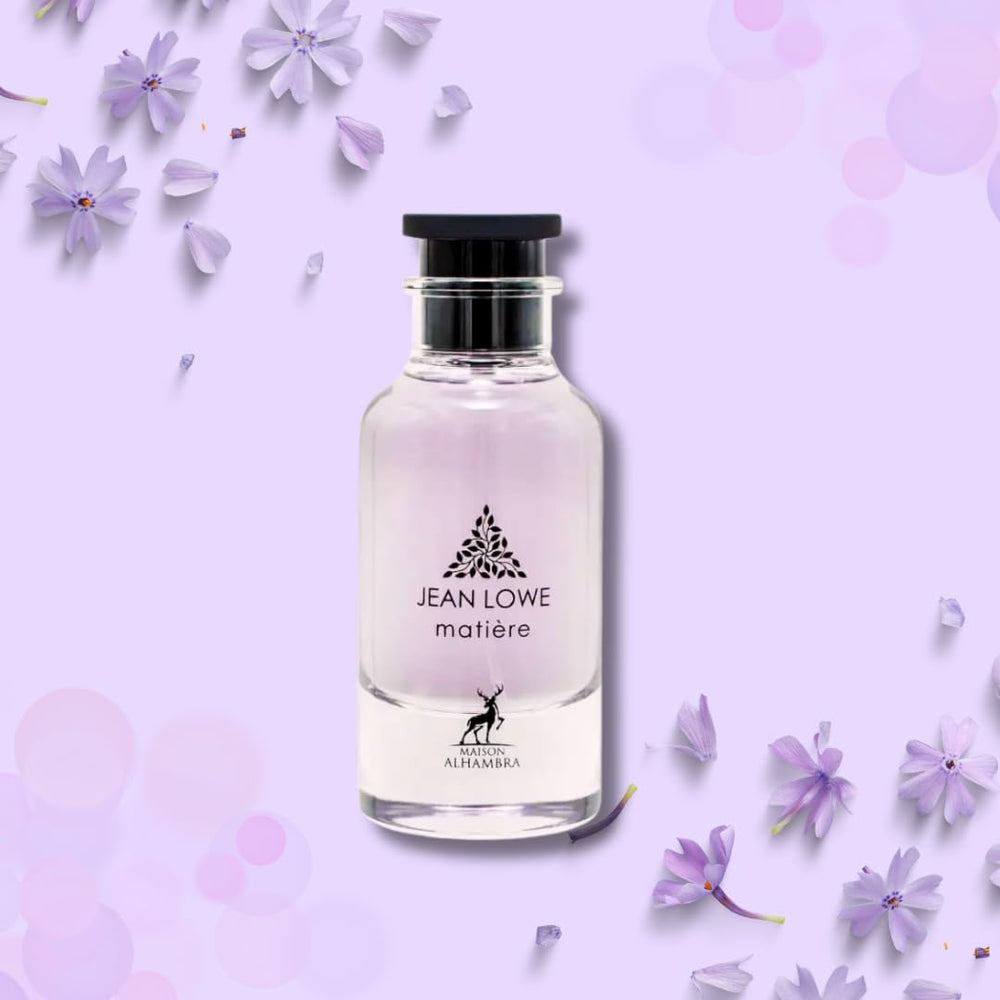 Maison Alhambra Jean Lowe Matiere bottle closeup highlights jasmine oud frankincense notes for warmth.