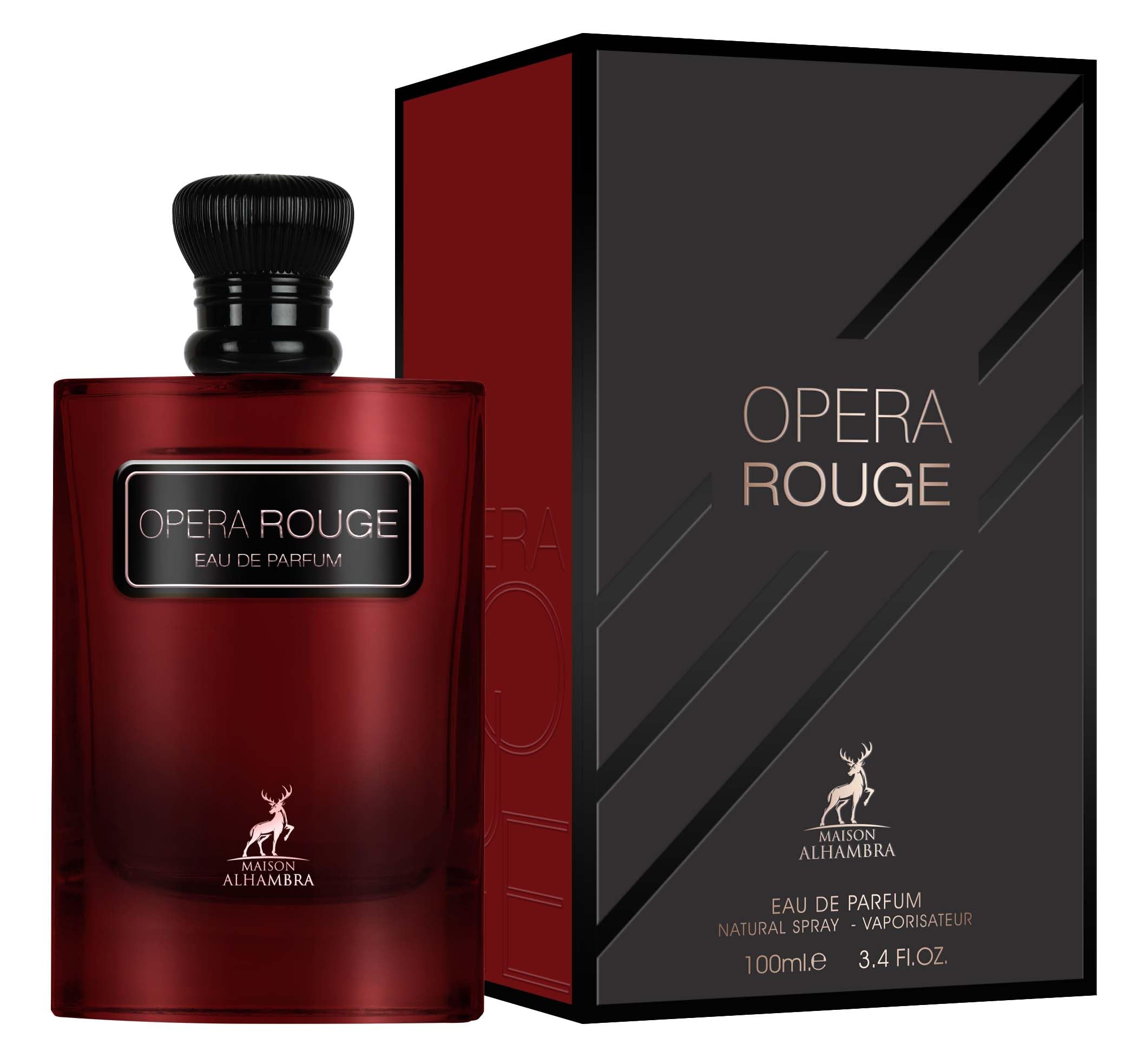 Maison Alhambra Opera Rouge cap closeup highlights premium packaging for gifting or personal luxury.