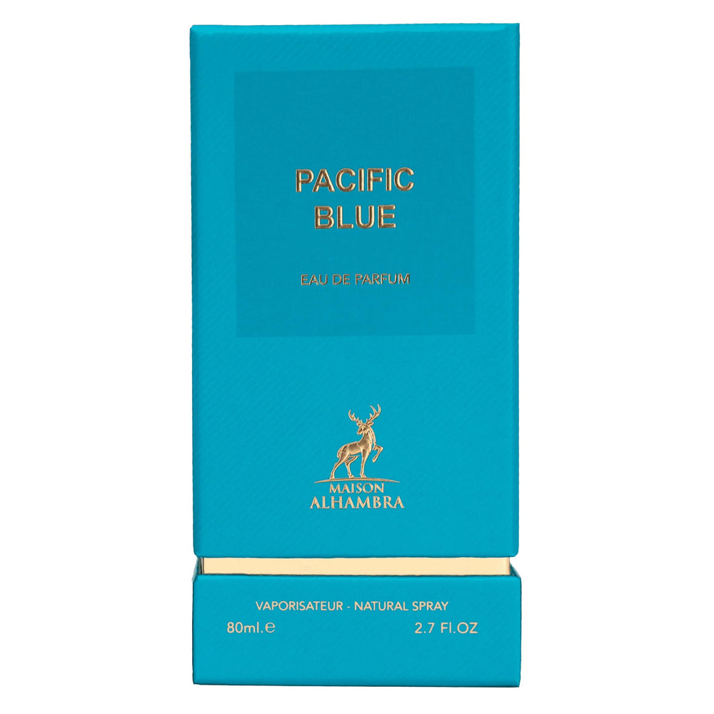 Maison Alhambra Pacific Blue EDP holiday-display with unisex scent versatility