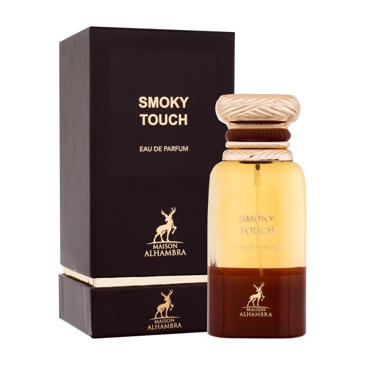 Maison Alhambra Smoky Touch bottle showcases smoky-leathery aroma for bold evening wear.