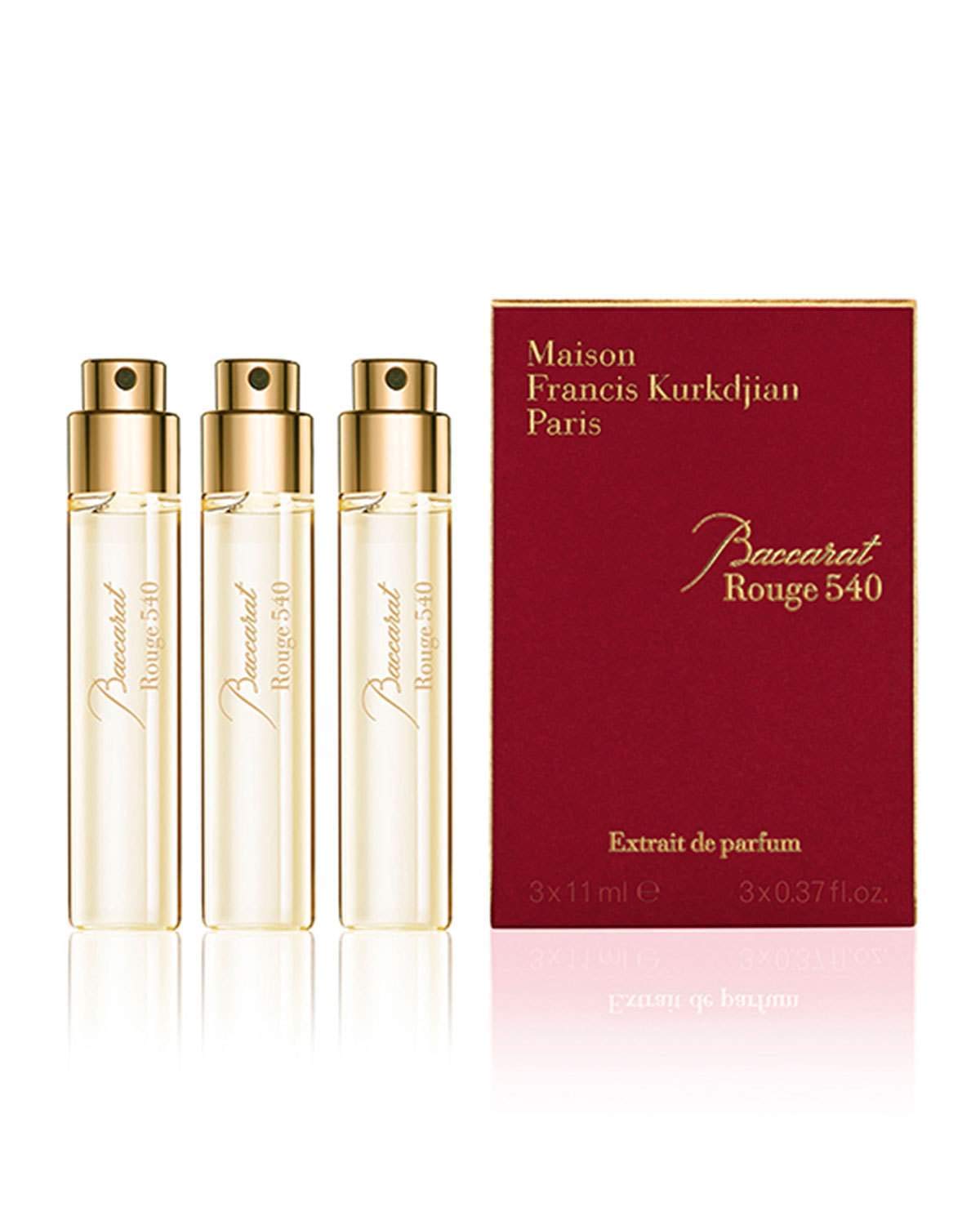 Maison Francis Kurkdjian Baccarat Rouge 540 Extrait Set, three 0.37 oz sprays for portable luxury.