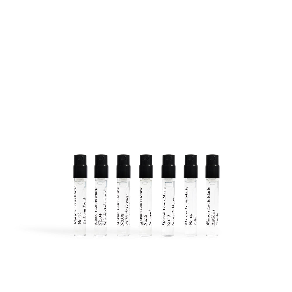 Maison Louis Marie discovery set mini sprays arranged for travel-friendly testing.