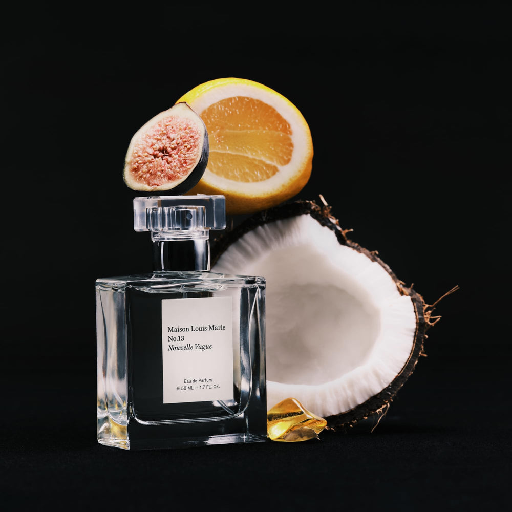 Maison Louis Marie No.13 Nouvelle Vague beauty shelf display evokes elegant fragrance vibe.