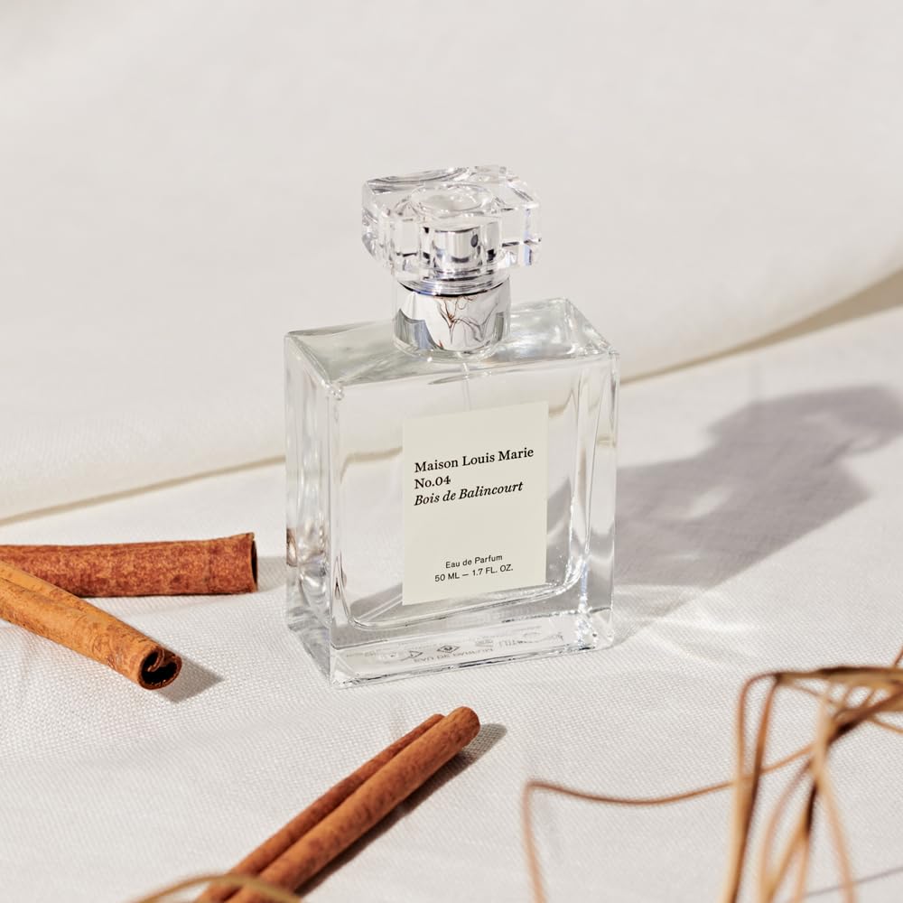 Maison Louis Marie No.04 bottle on shelf with soft focus for luxury ritual.