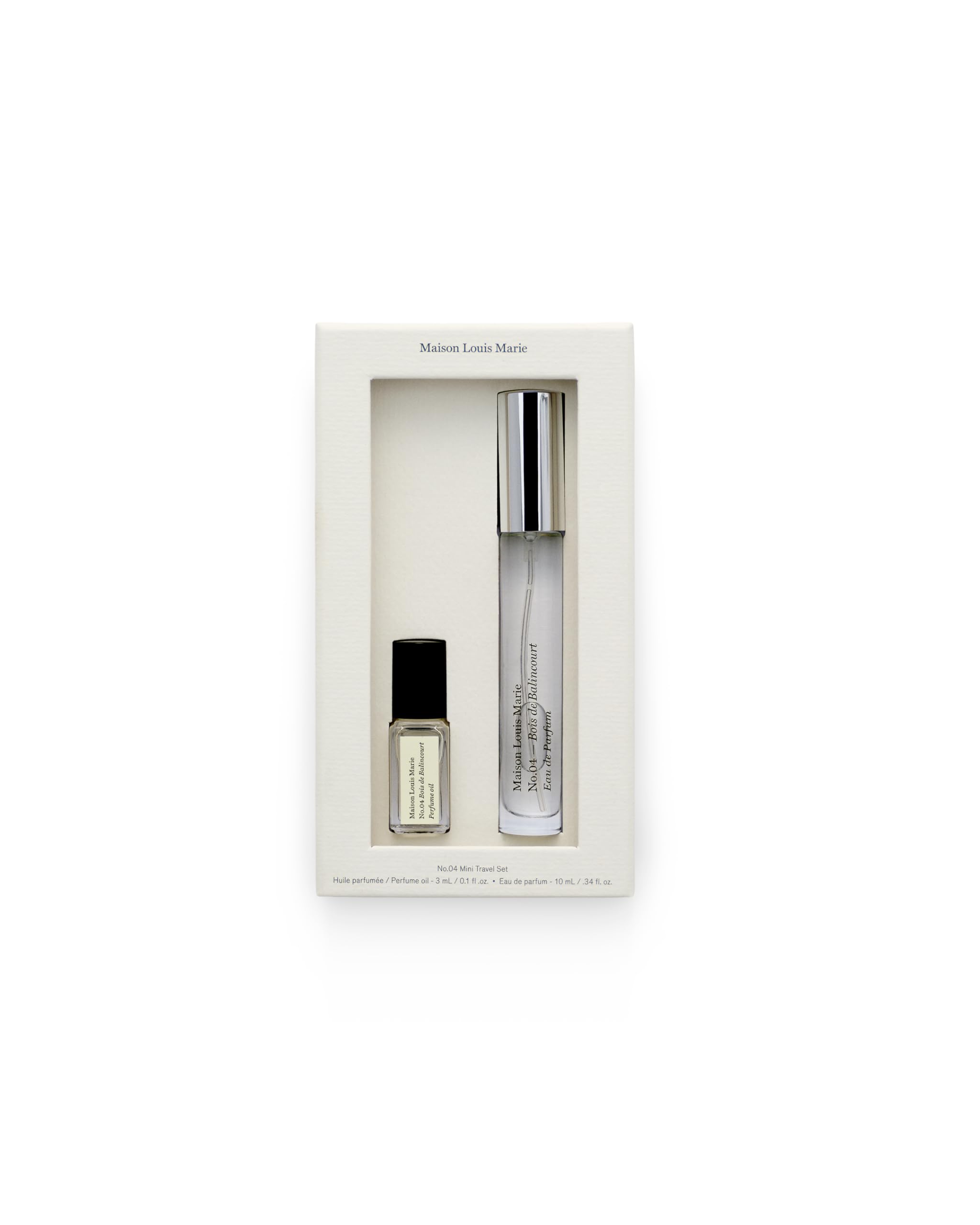 Maison Louis Marie No.04 Bois De Balincourt travel set packaging, compact and travel-ready