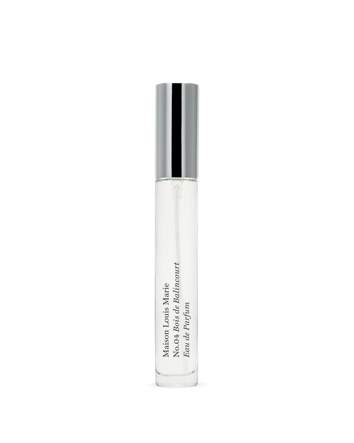 Maison Louis Marie No.04 Bois de Balincourt travel spray bottle closeup, highlighting warm wood notes for on-the-go.