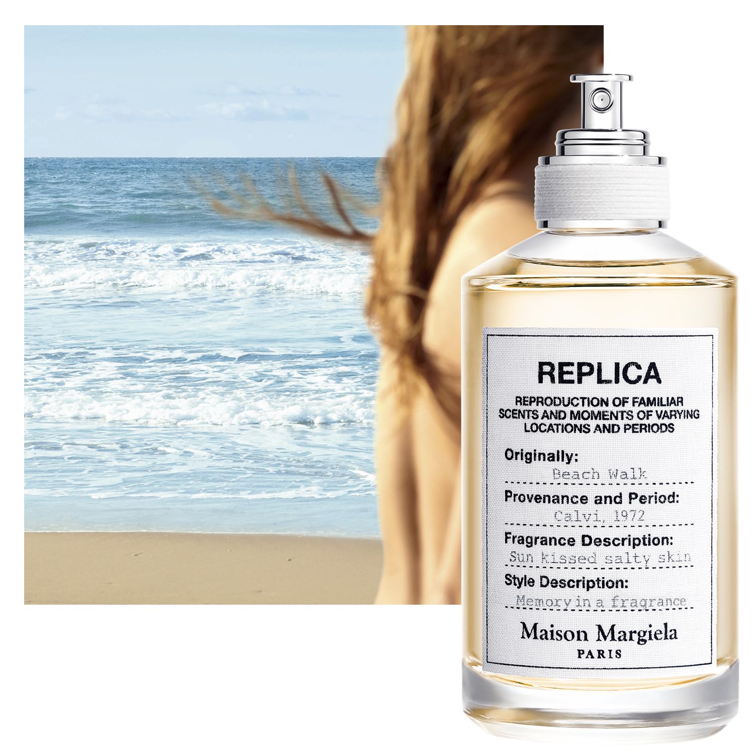 Maison Margiela Beachwalk sun-kissed beach scene evokes vacation mood.