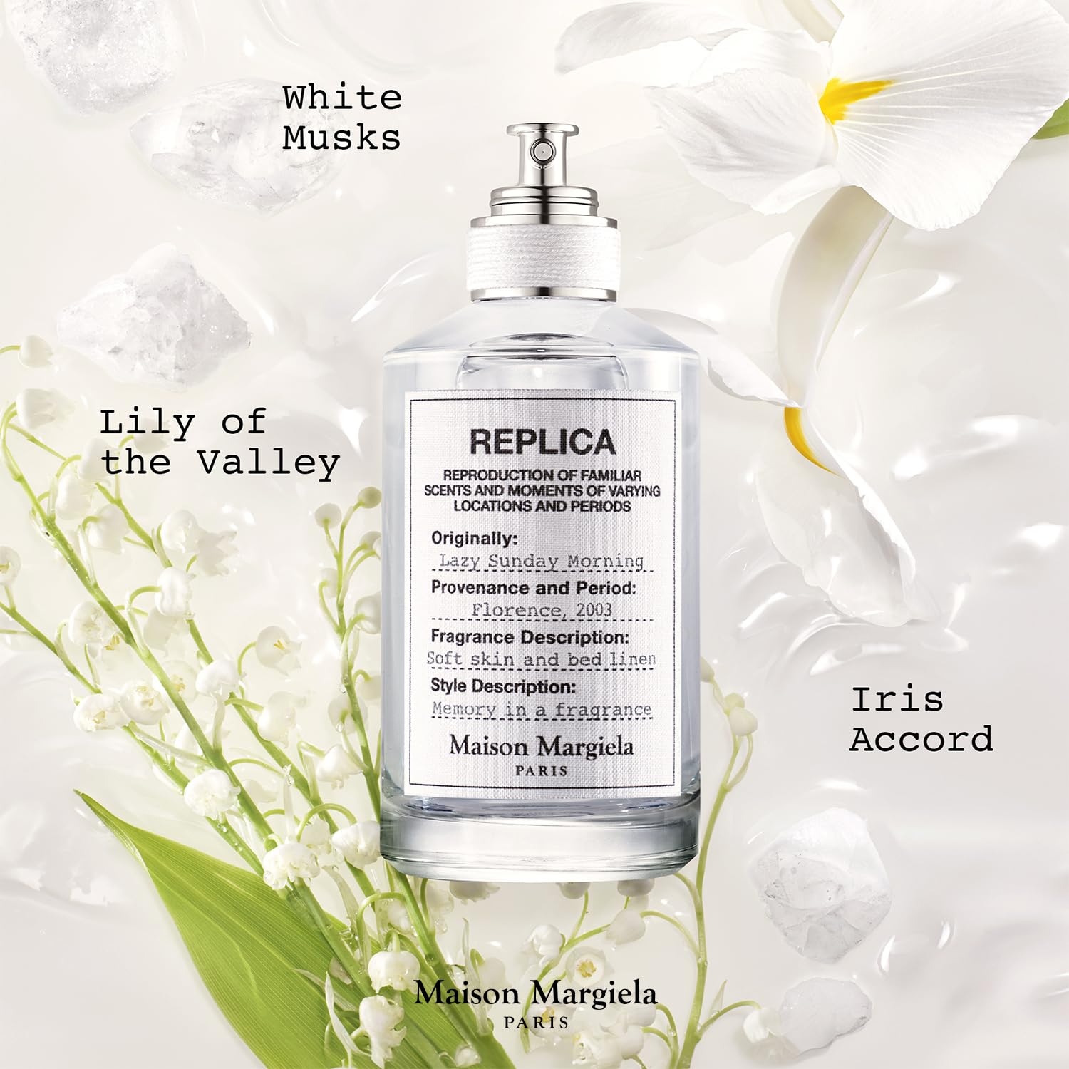 Maison Margiela Replica Lazy Sunday Morning floral notes closeup featuring lily of the valley and iris.