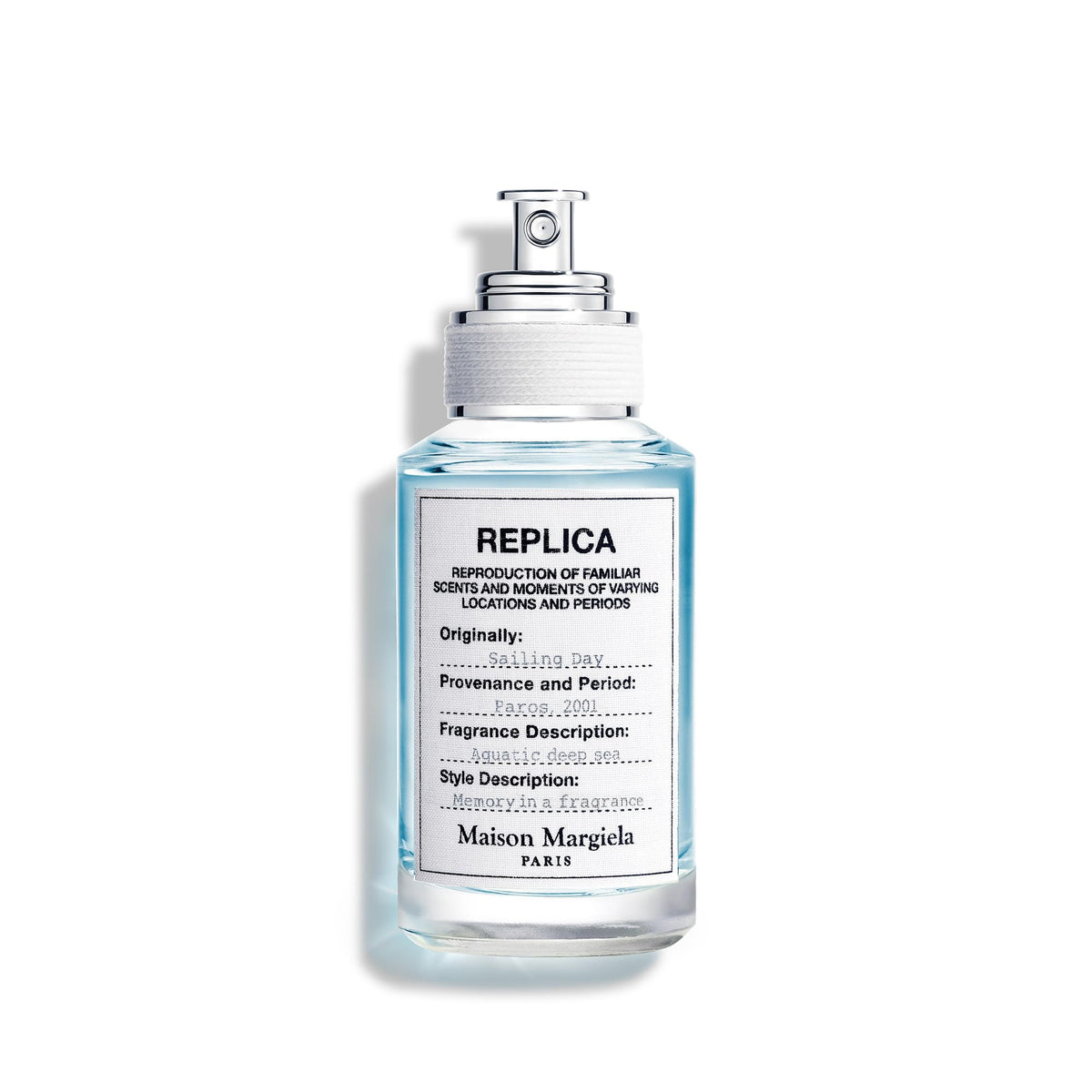 Maison Margiela Replica Sailing Day bottle closeup highlighting ocean-fresh scent for daily wear.
