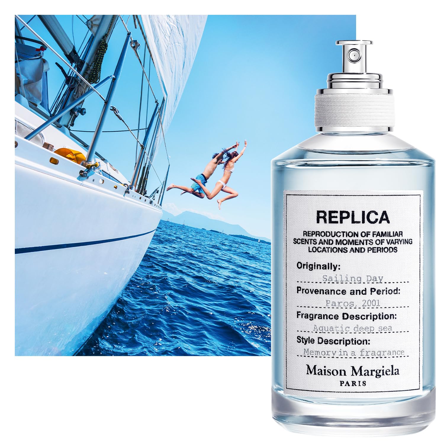 Replica Sailing Day spray on wrist, quick marine freshness for daytime moments.
