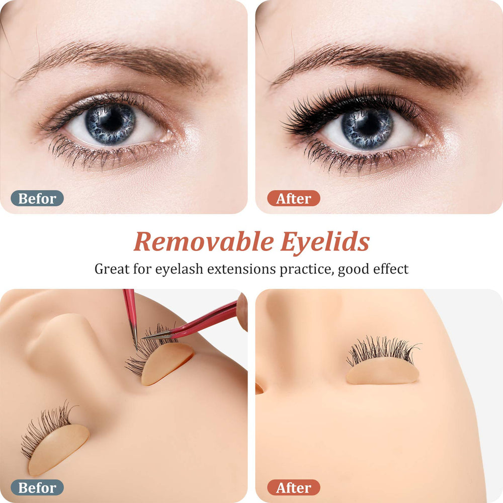 Maitys mannequin-head tan eyelids show realistic eye shape for makeup practice.