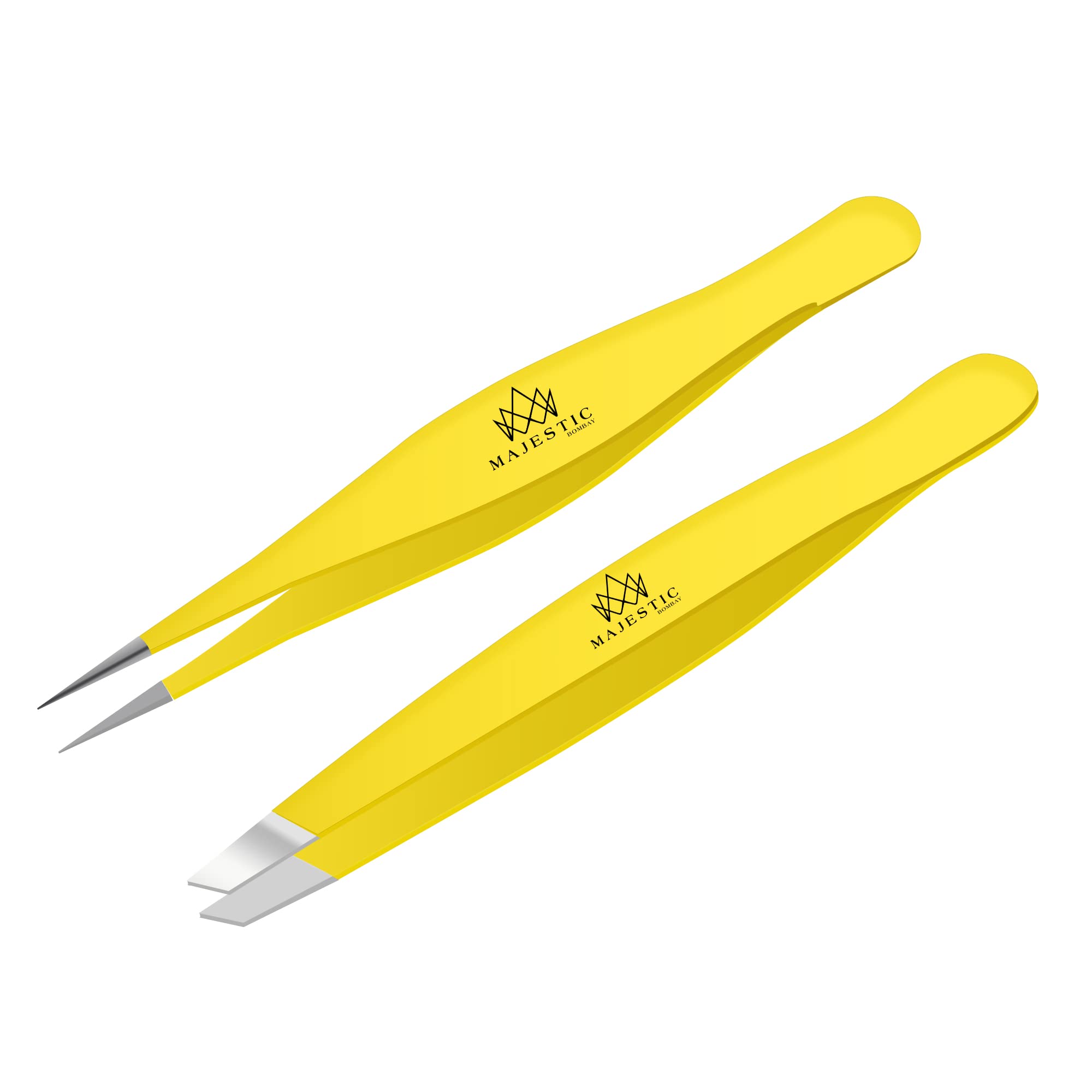 Majestic Bombay fine point and slant tweezers close-up for precise plucking and splinter removal.