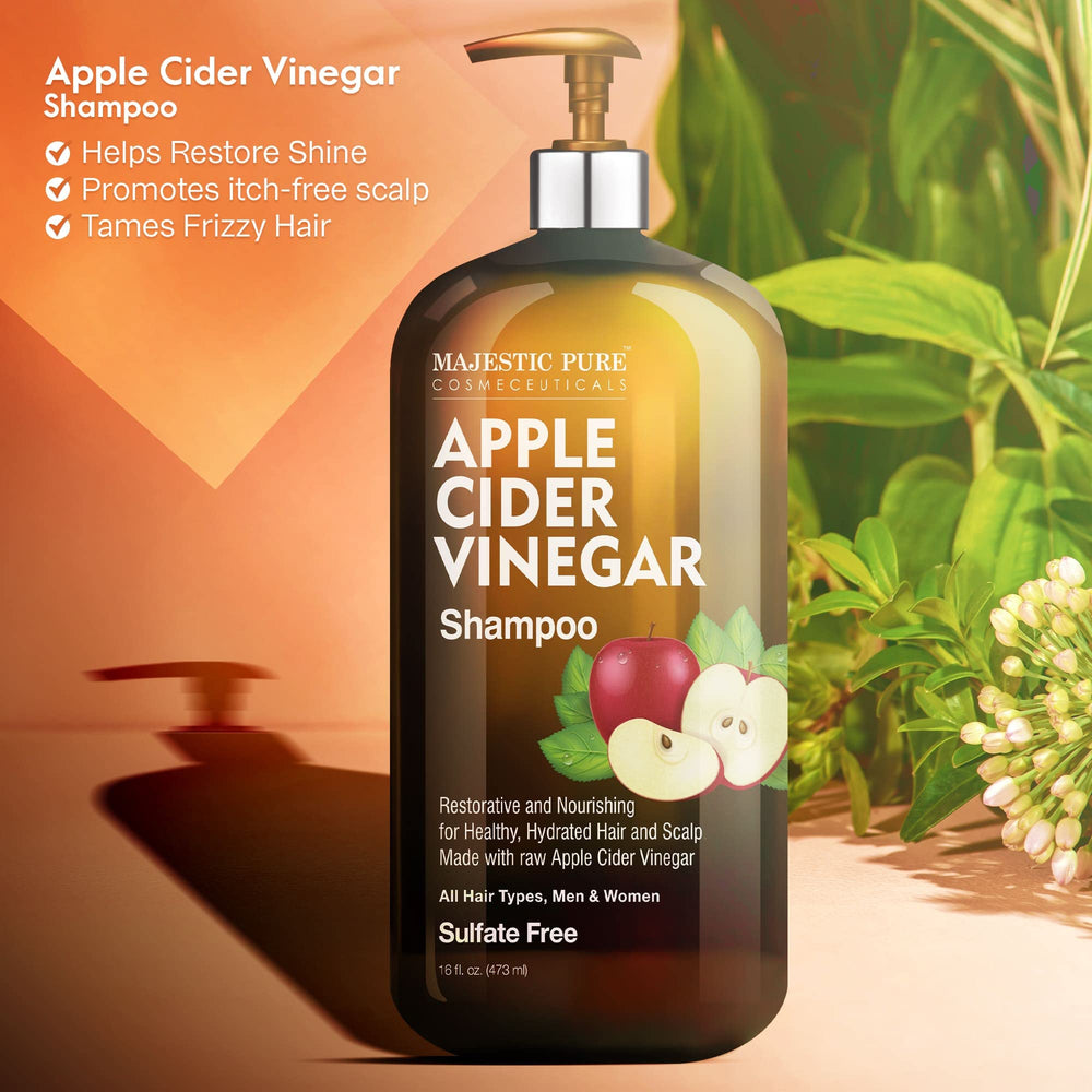 Majestic Pure apple cider vinegar and botanicals arranged to show natural ingredients
