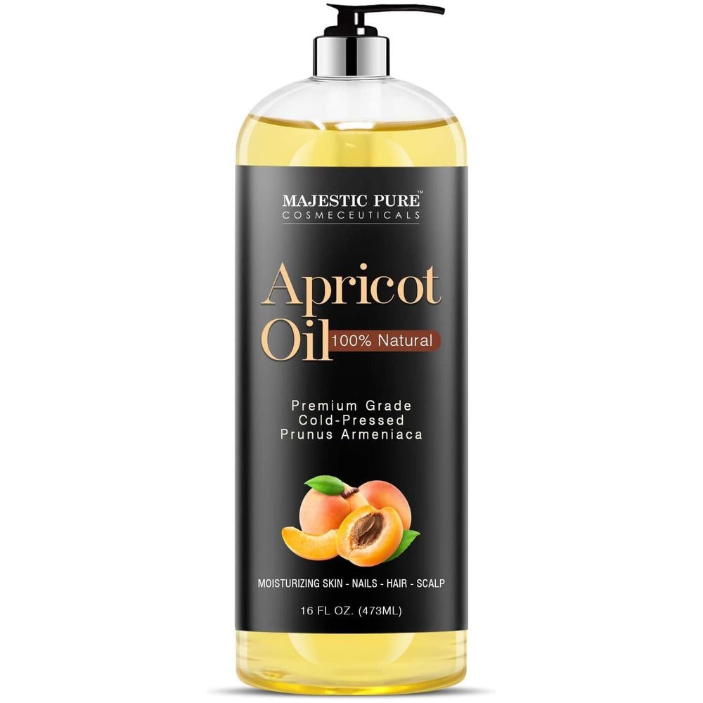 Majestic Pure Apricot Oil bottle-pour for easy skin and hair care