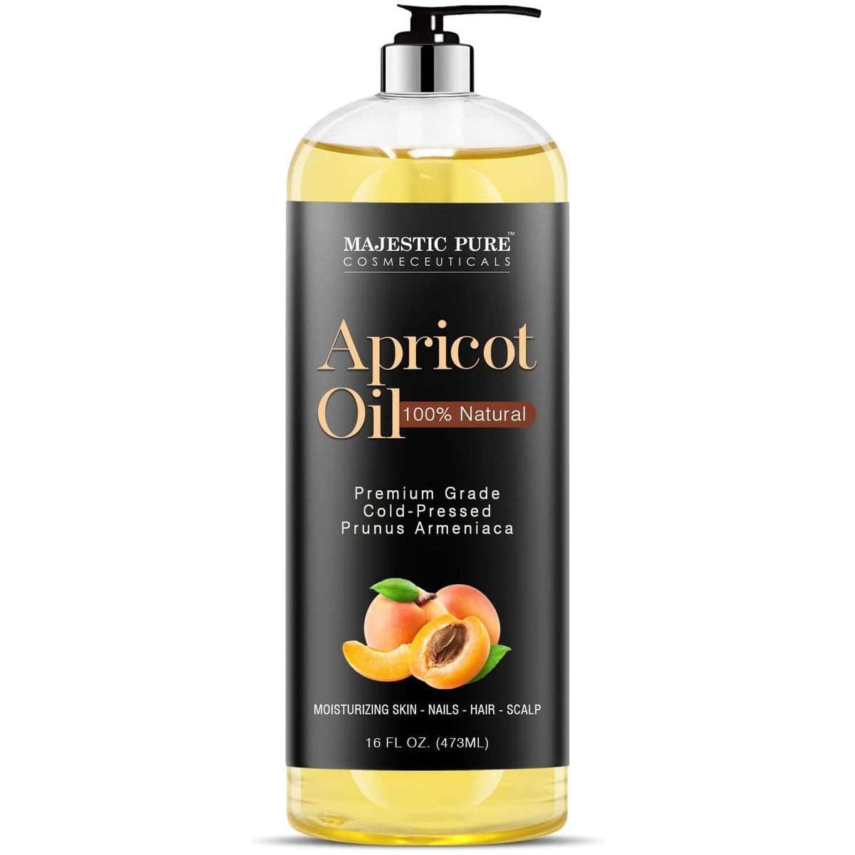 Majestic Pure Apricot Oil bottle-pour for easy skin and hair care