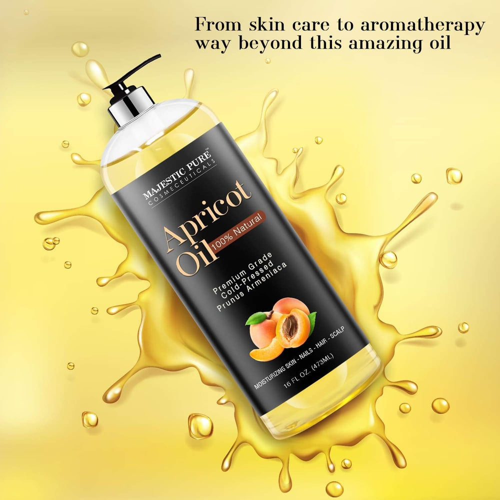 Majestic Pure Apricot Oil skin-nourishment scene showing quick-absorbing hydration