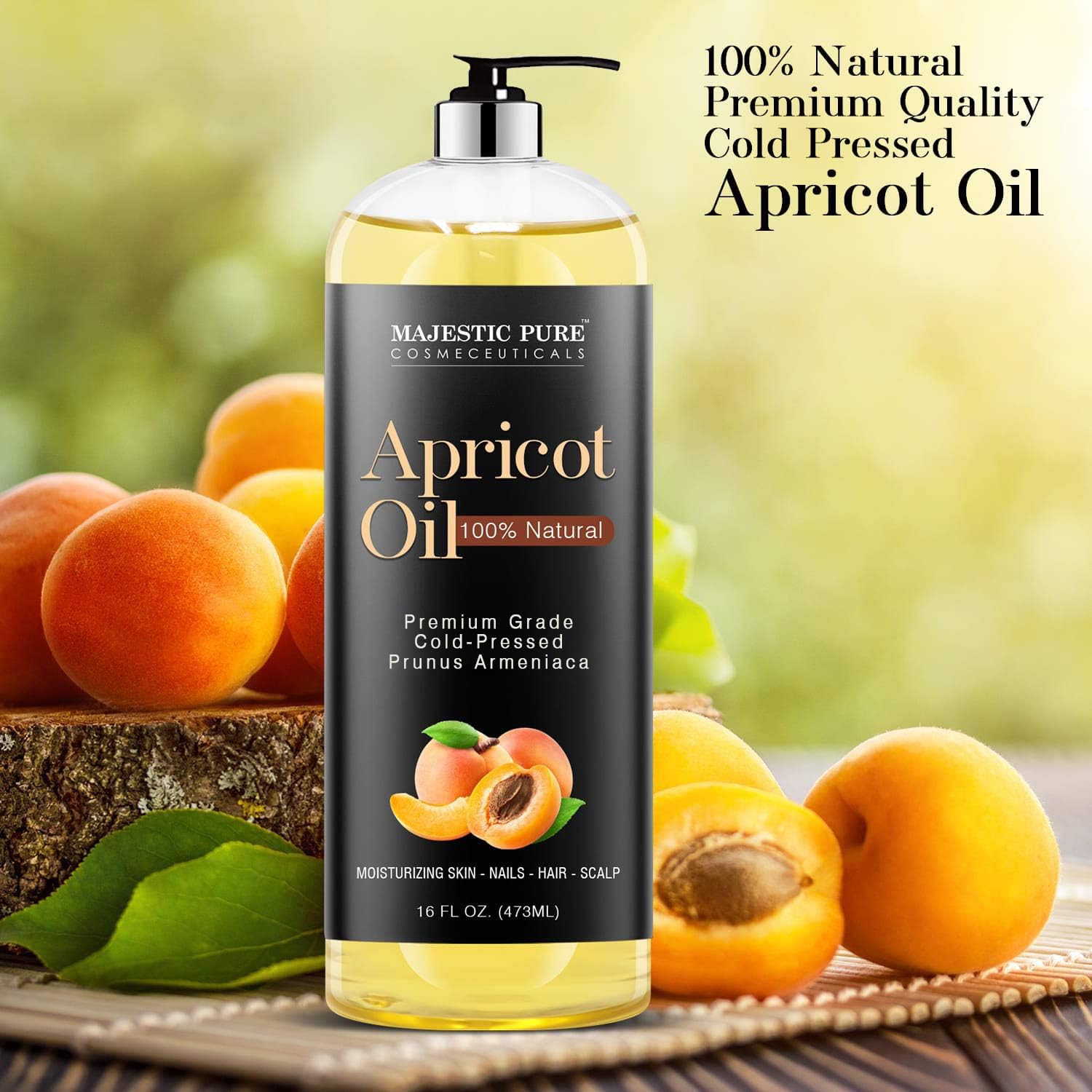 Majestic Pure Apricot Oil bottle label closeup highlighting pure formula