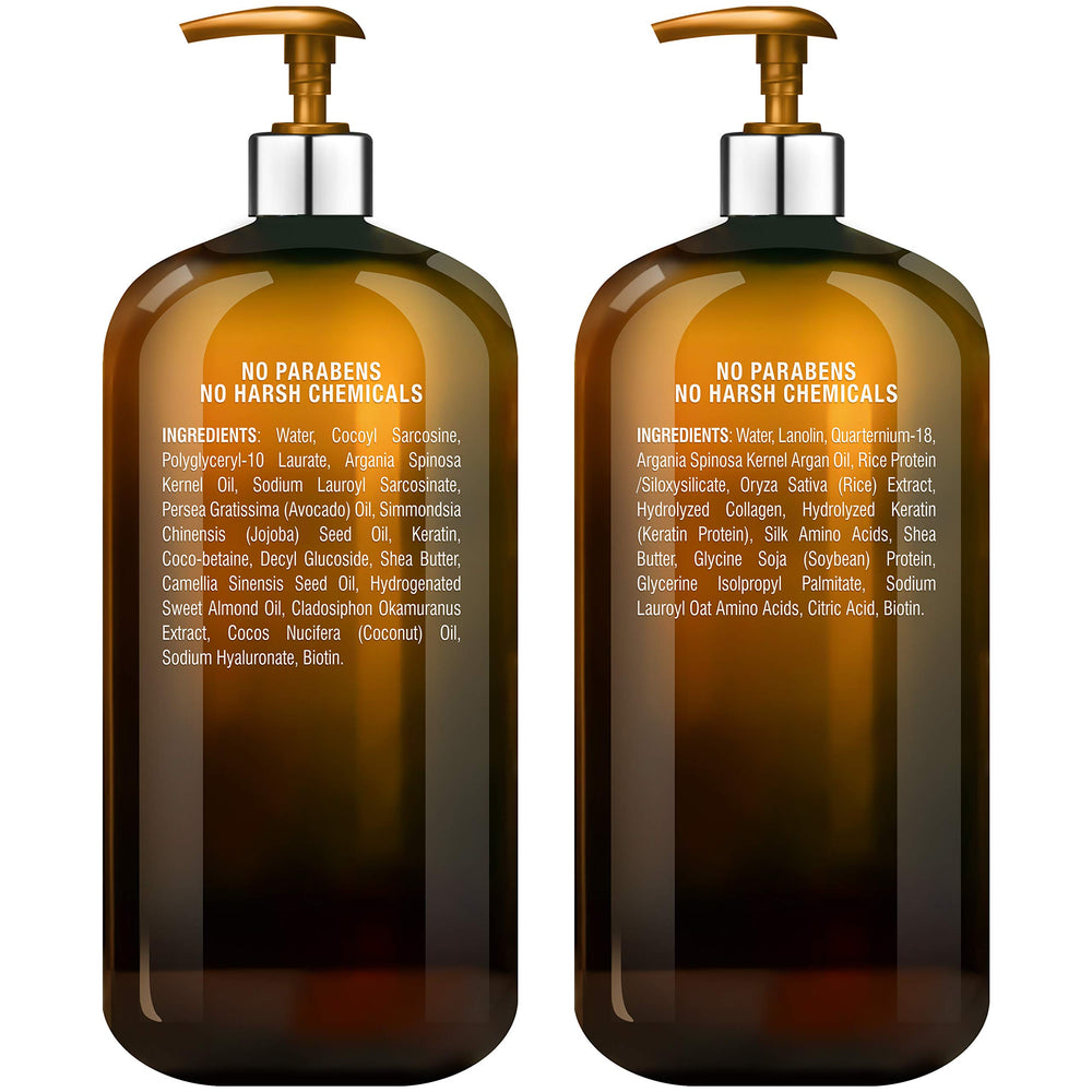 Majestic Pure Argan Oil Conditioner label highlights essential fatty acids and conditioning benefits.