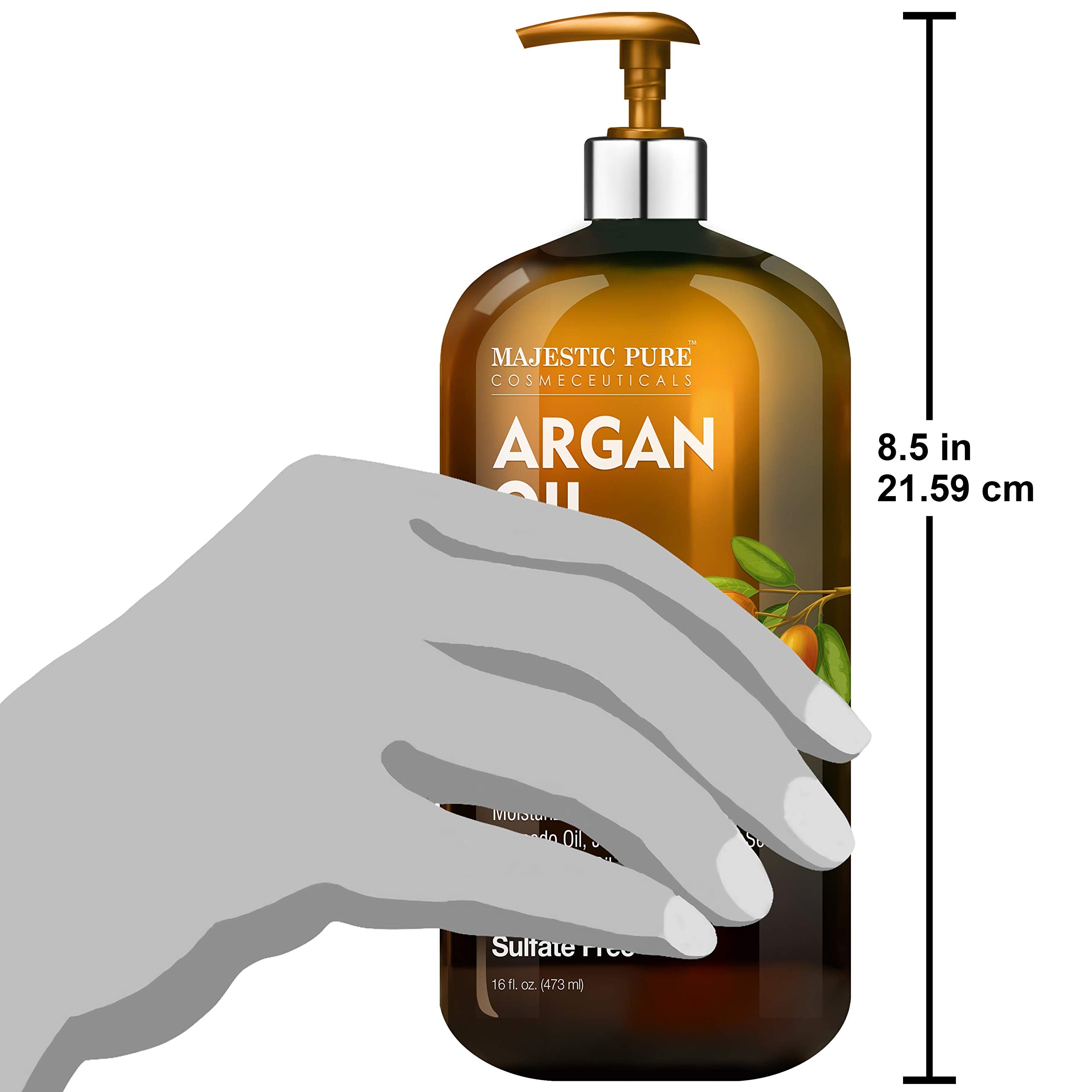 Majestic Pure Argan Oil ingredient blend closeup features Argan, Avocado, Jojoba oils for hydration.