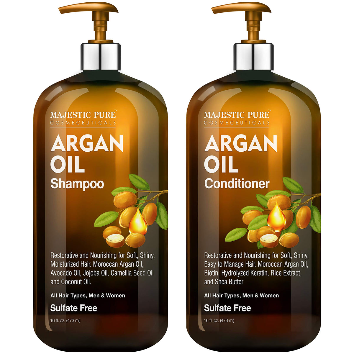 Majestic Pure Argan Oil Shampoo bottle pour showcases sulfate-free cleansing for all hair types.