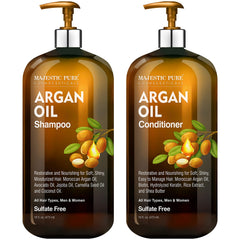 Majestic Pure Argan Oil Shampoo bottle pour showcases sulfate-free cleansing for all hair types.