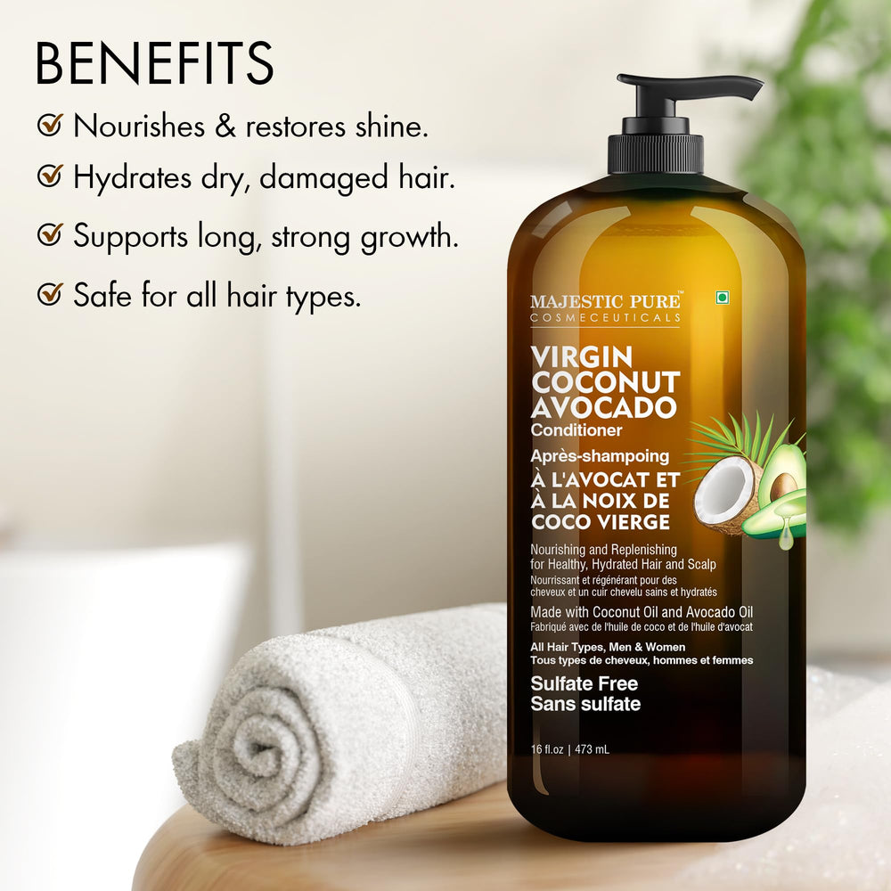 Majestic Pure Avocado Coconut Conditioner ingredients avocado and coconut for nourishment.