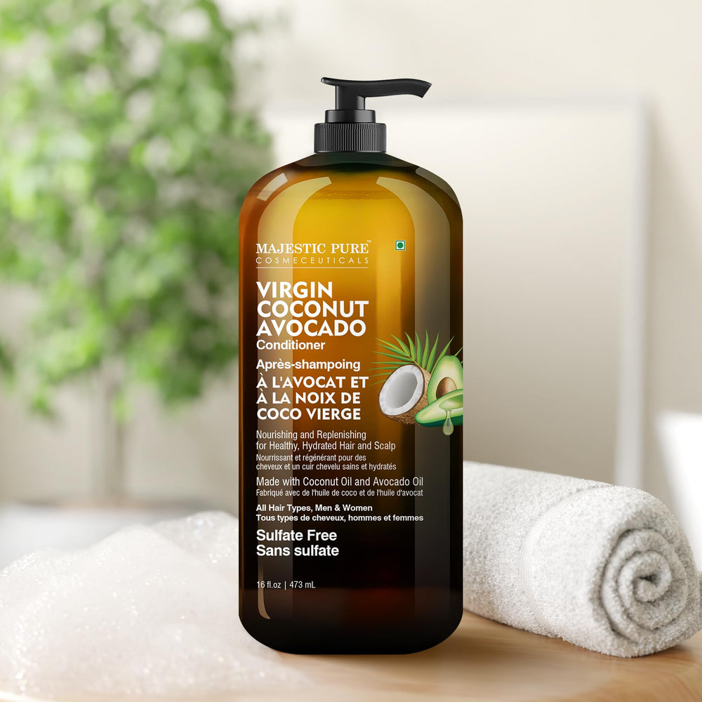 Majestic Pure Avocado Coconut Conditioner label highlights sulfate-free formula.