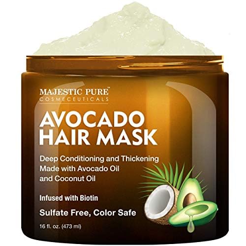 Majestic Pure Avocado and Coconut Hair Mask bottle close-up for deep conditioning
