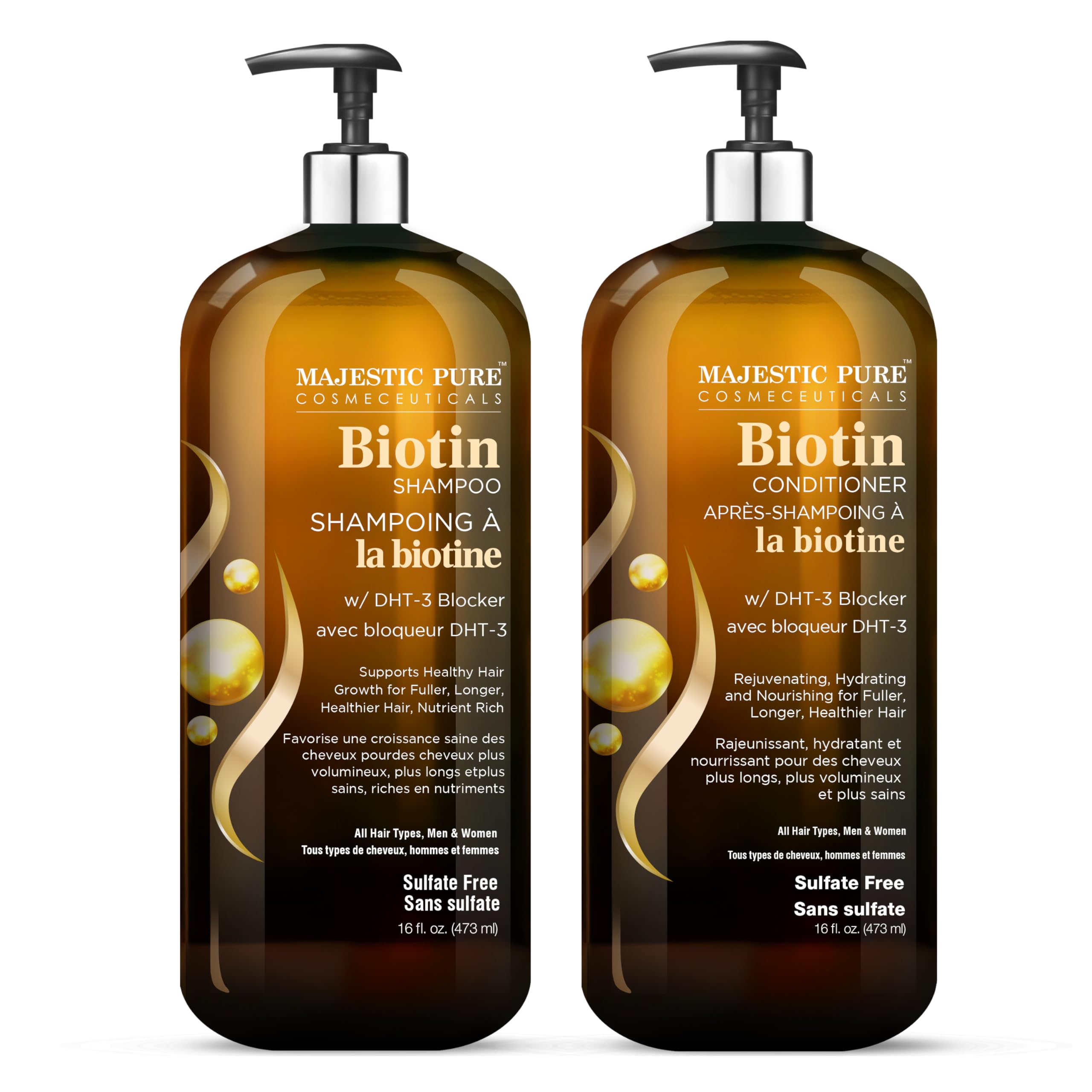 Majestic Pure Biotin Conditioner bottle showing detangling and hydrating properties