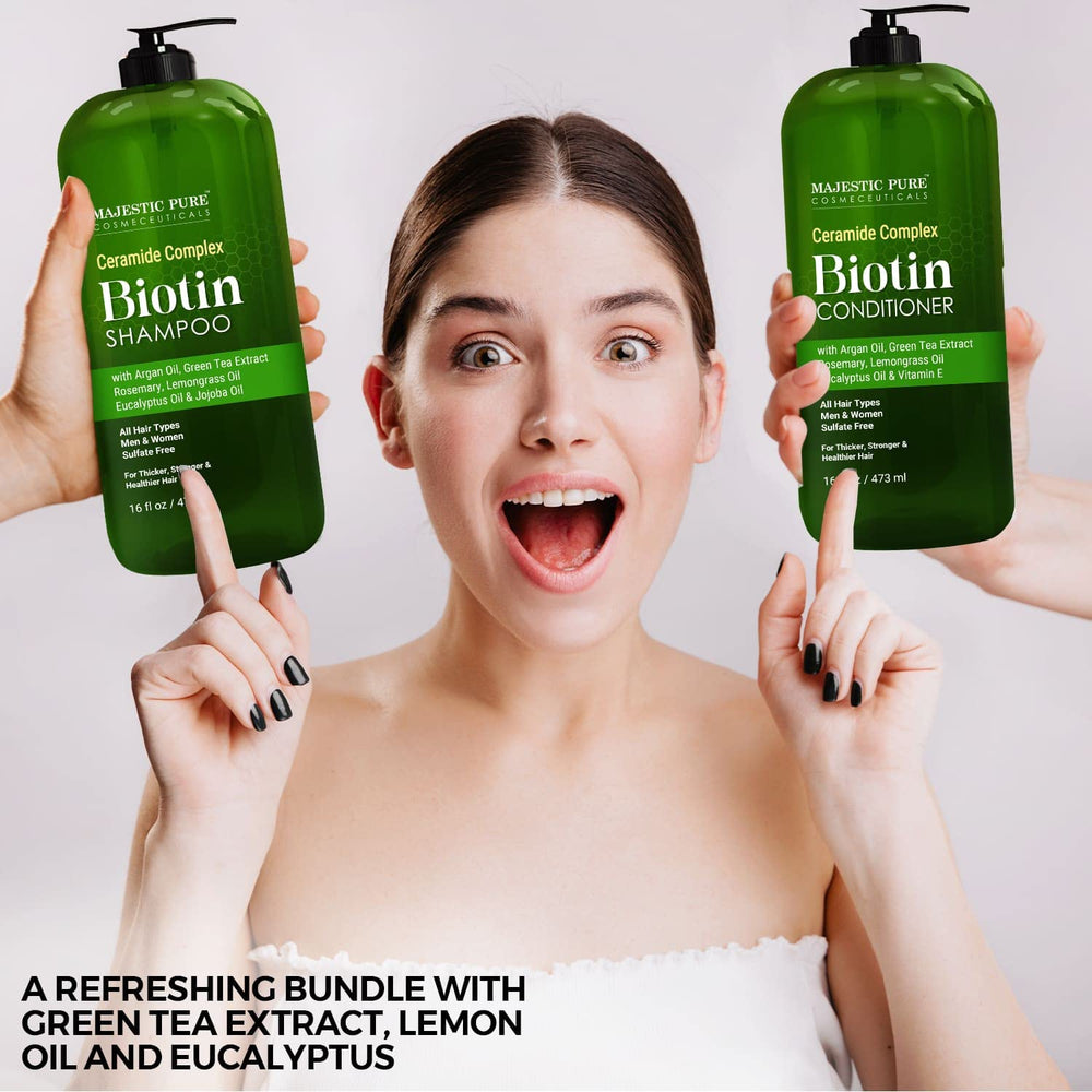 Majestic Pure Biotin Conditioner bottle demonstrates hydrating conditioning for smooth, healthier hair