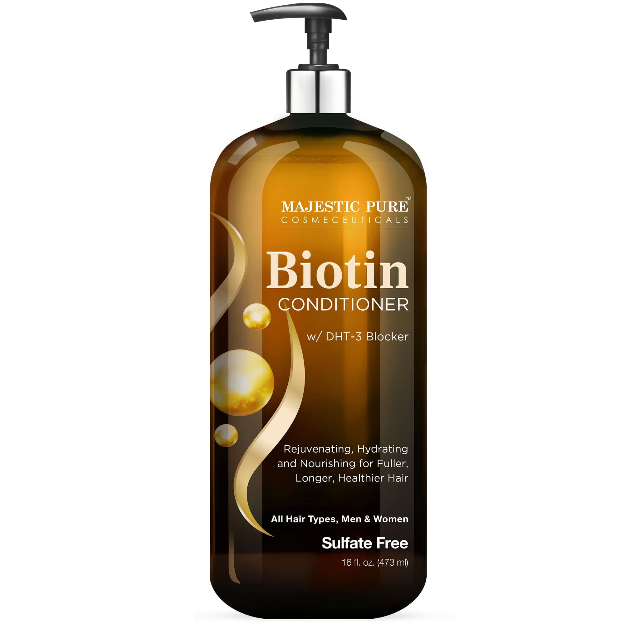 Majestic Pure Biotin Conditioner bottle highlights sulfate-free formula for all hair types and daily conditioning.