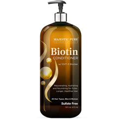 Majestic Pure Biotin Conditioner bottle highlights sulfate-free formula for all hair types and daily conditioning.