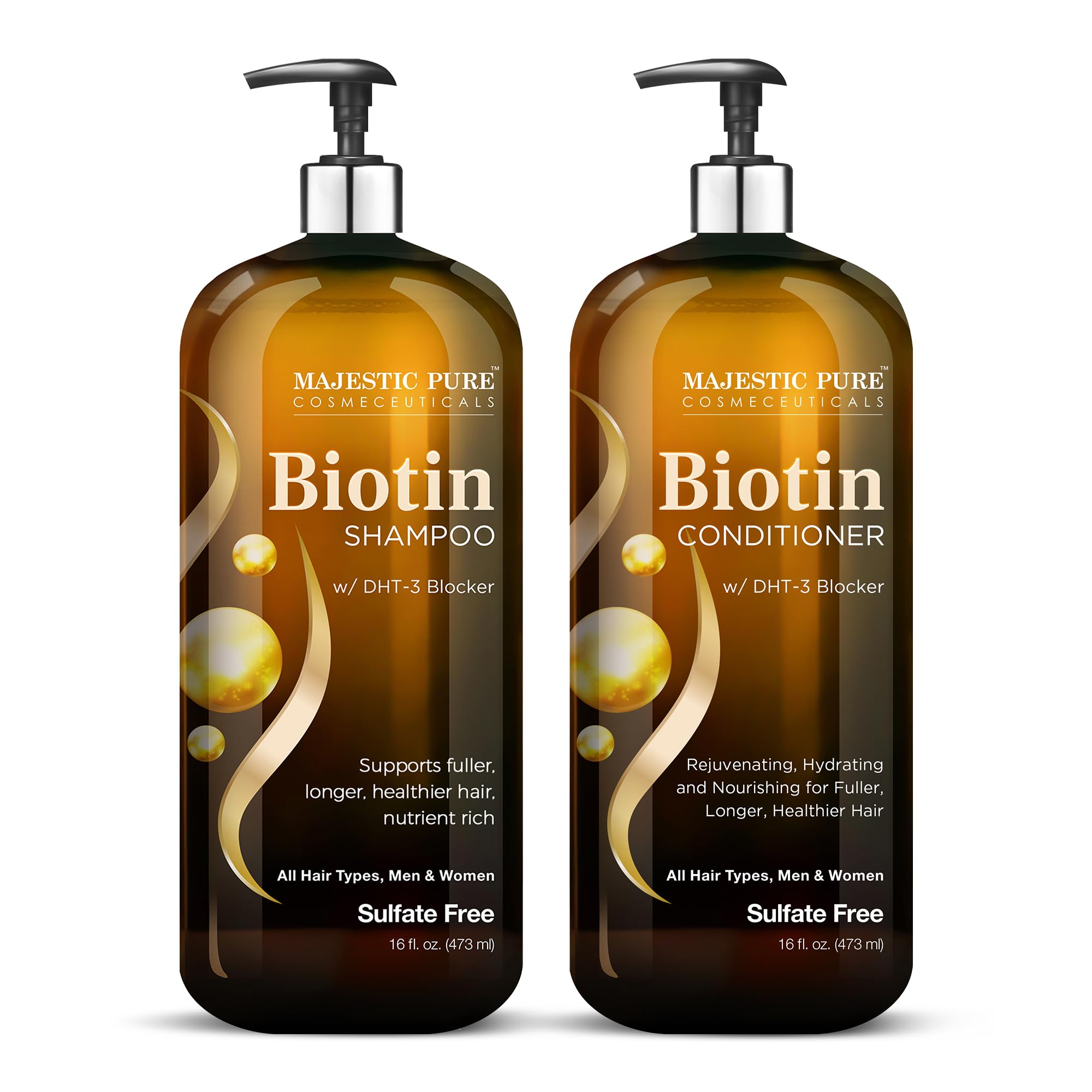 Majestic Pure Biotin Shampoo bottle highlighting volumizing formula for fuller hair