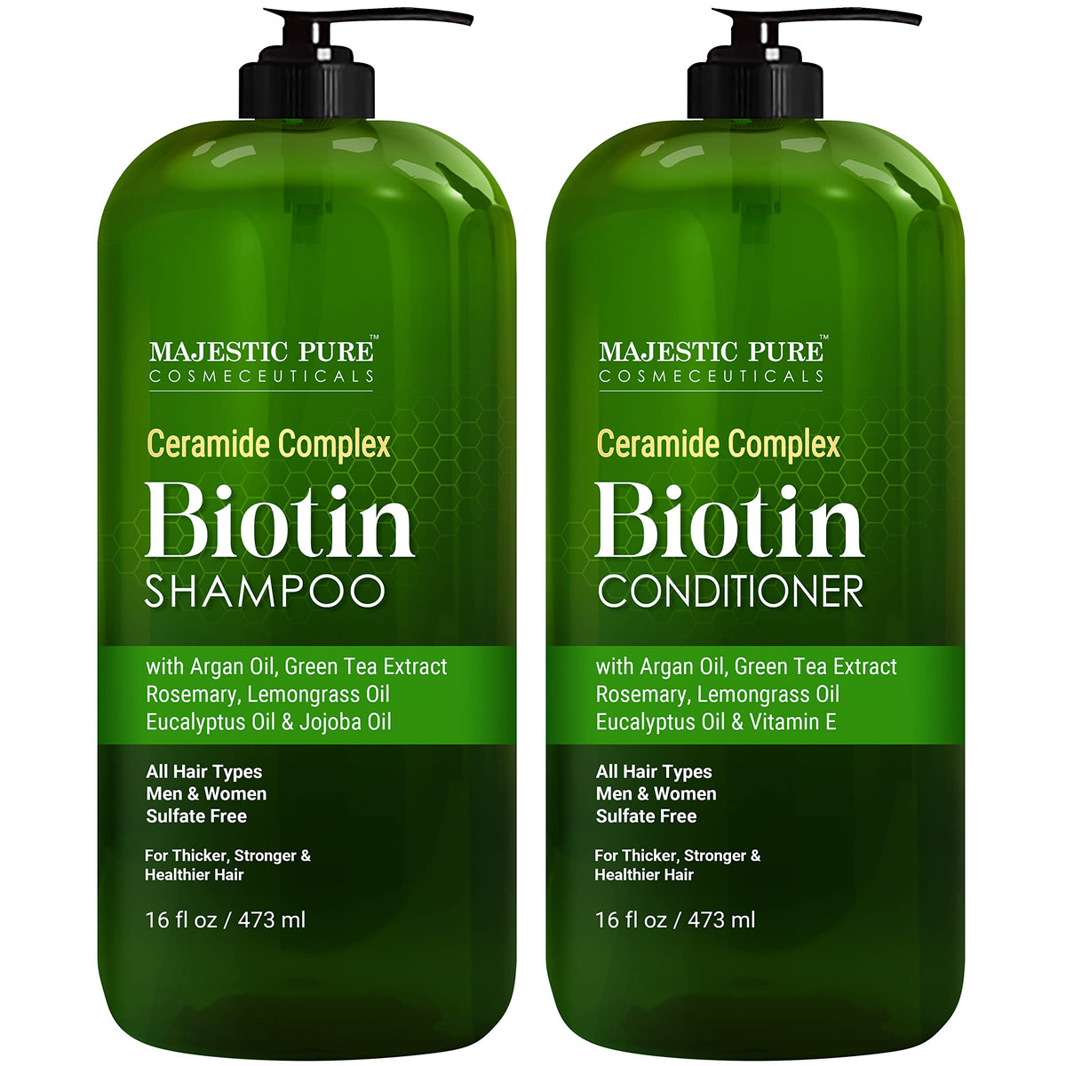 Majestic Pure Biotin Shampoo bottle highlights nourishing formula for thicker-looking hair