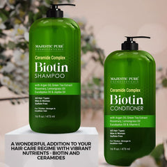 Majestic Pure Biotin Shampoo label emphasizes sulfate-free, gentle daily hair care