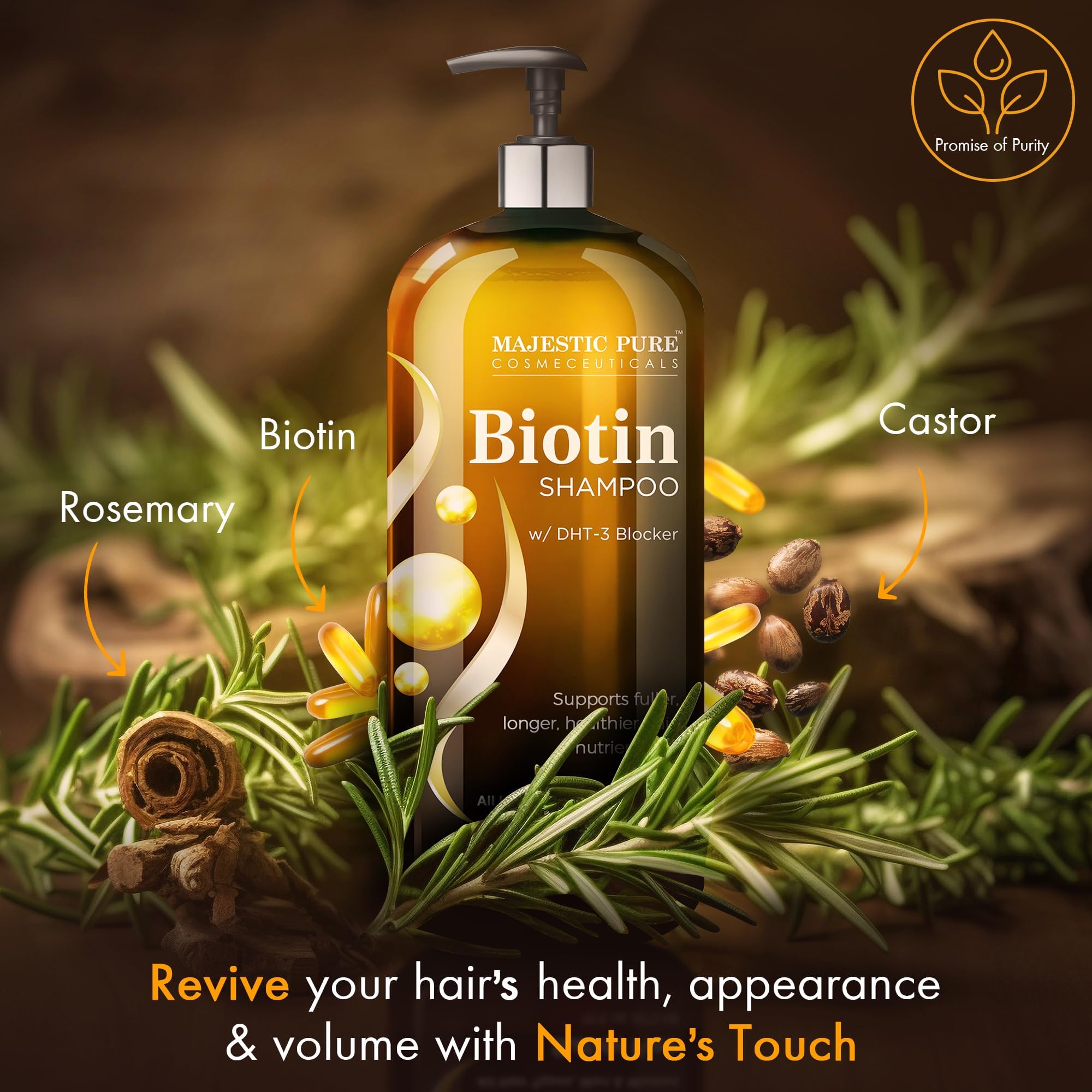 Majestic Pure Biotin Shampoo rosemary oil drop image suggests aromatic scalp care