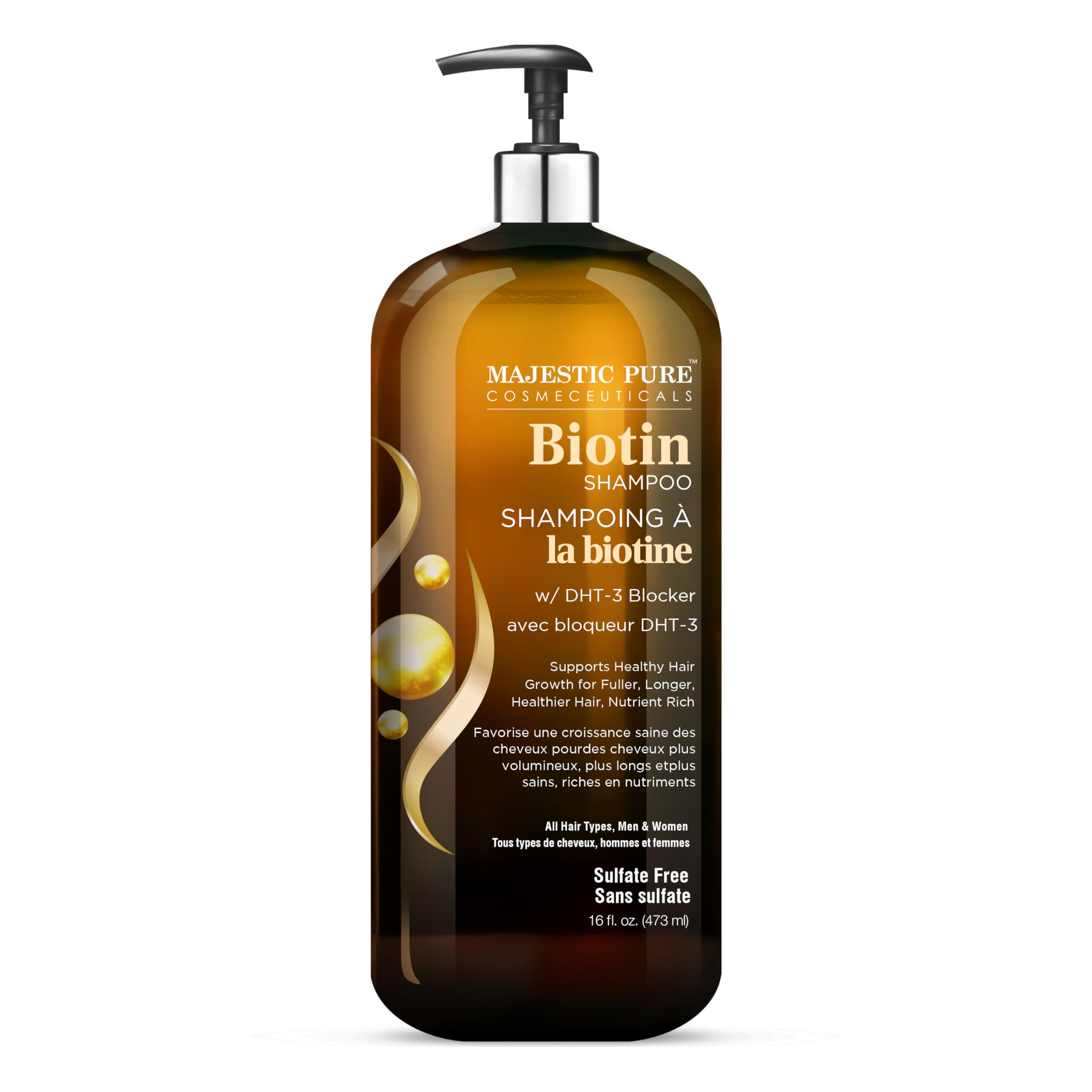 Majestic Pure Biotin Shampoo sulfate-free badge signals gentle daily use