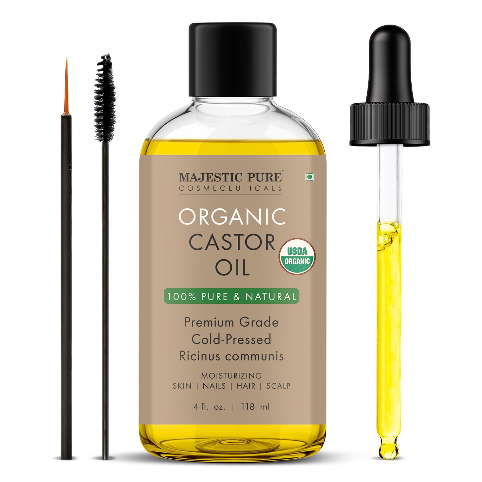 Majestic Pure castor oil bottle front highlights premium, pure oil for hair and skin care.